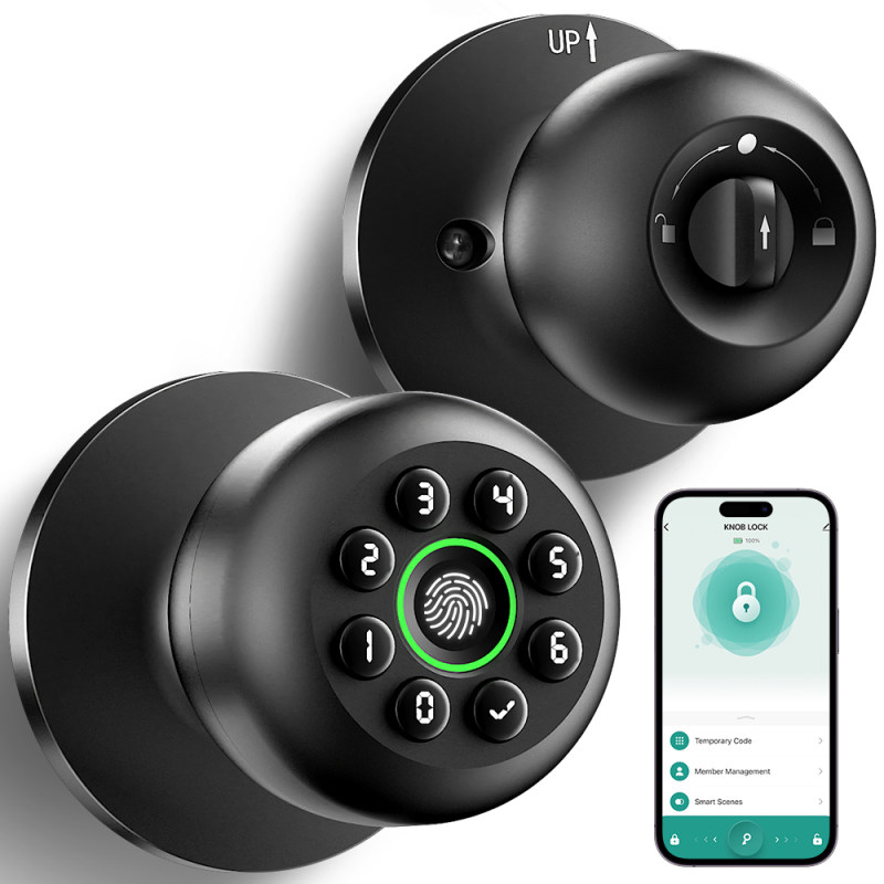 KLLOQUE Fingerprint Door Lock, Smart Fingerprint Door Knob with Keypad, Biometric Door Lock with App Control, Auto Lock Door Lock with Code, Keyless Door Knob with Lock for Bedroom, Home-K10plus Matte Black